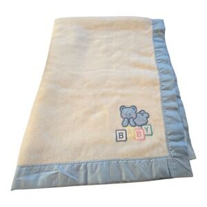 Vintage USA Baby Blanket Embroidery Teddy Bear Building Blocks Blue Trim Acrylic